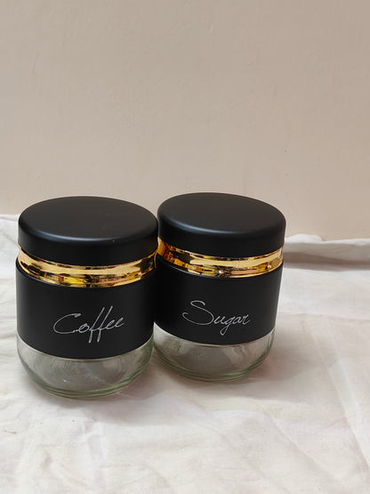 Luxury Matte Black Glass Jar Set with Gold Rim – Tea, Coffee & Sugar