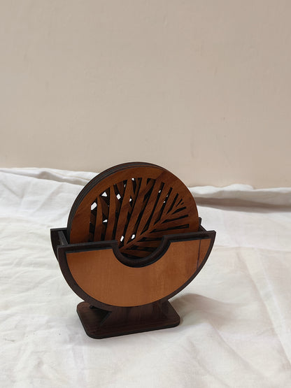 Premium Wooden Leaf Cut Coaster Set – Set of 4 with Stand