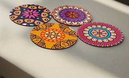 Mandala Art Wooden Coaster Set – Set of 4 with Holder