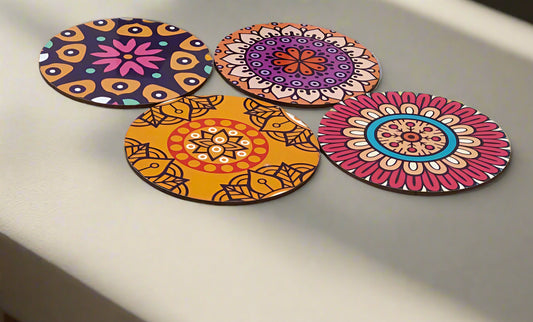 Mandala Art Wooden Coaster Set – Set of 4 with Holder