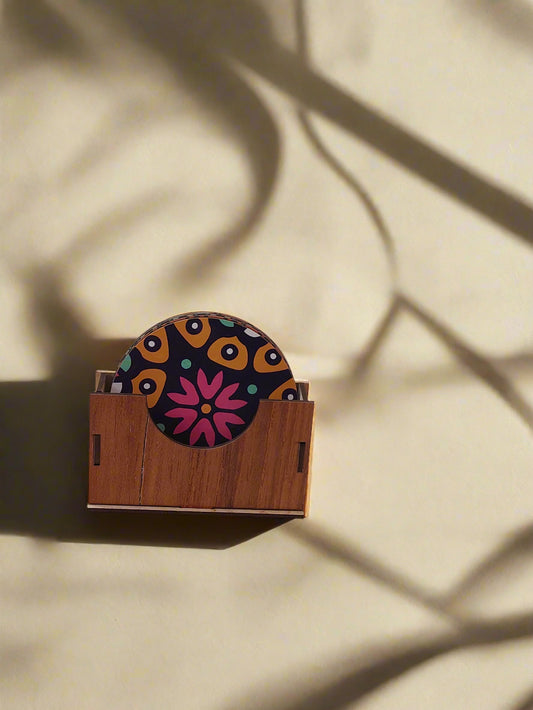 Mandala Art Wooden Coaster Set – Set of 4 with Holder