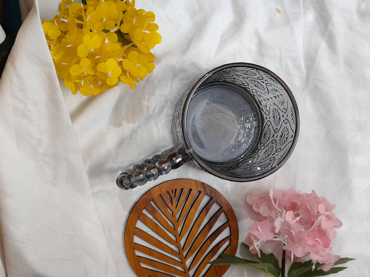 Elegant Embossed Glass Mug with Designer Handle