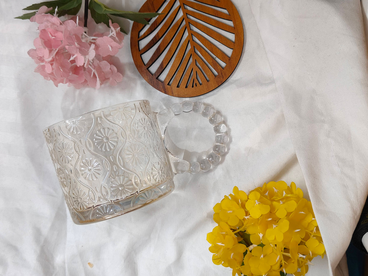 Elegant Embossed Glass Mug with Designer Handle