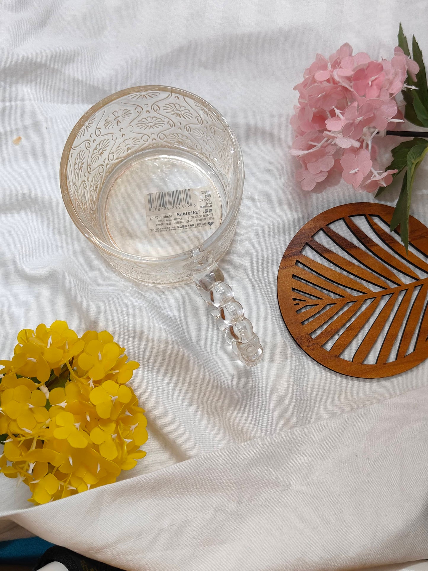 Elegant Embossed Glass Mug with Designer Handle