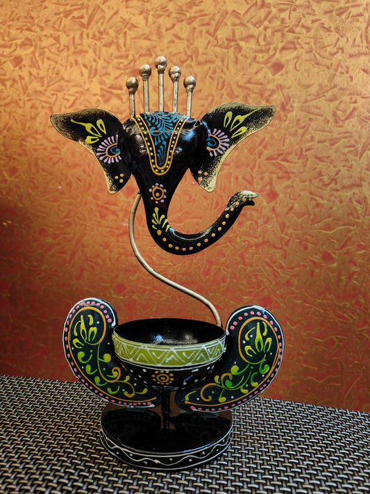 Hand-Painted Metal Ganesha Showpiece with Bowl – Ethnic Home Decor