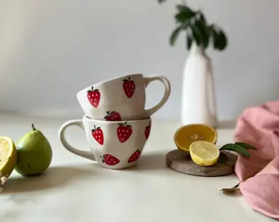 Hand-painted Strawberry Ceramic Cup & Plate Set
