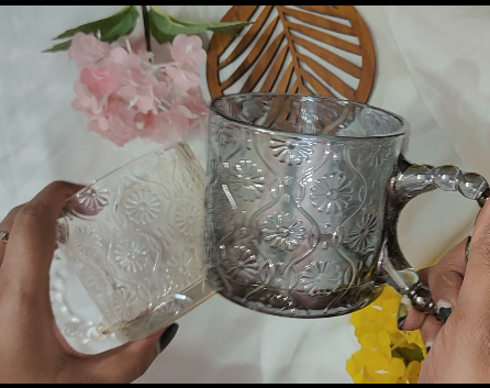 Elegant Embossed Glass Mug with Designer Handle