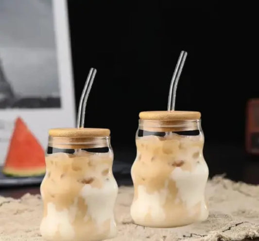 Curvy Glass Jar with Bamboo Lid & Straw – Single or Set of 2