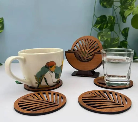 Premium Wooden Leaf Cut Coaster Set – Set of 4 with Stand