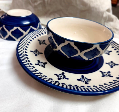 Blue & White Handcrafted Ceramic Plate & Bowl Set – 1 or 2 Servings