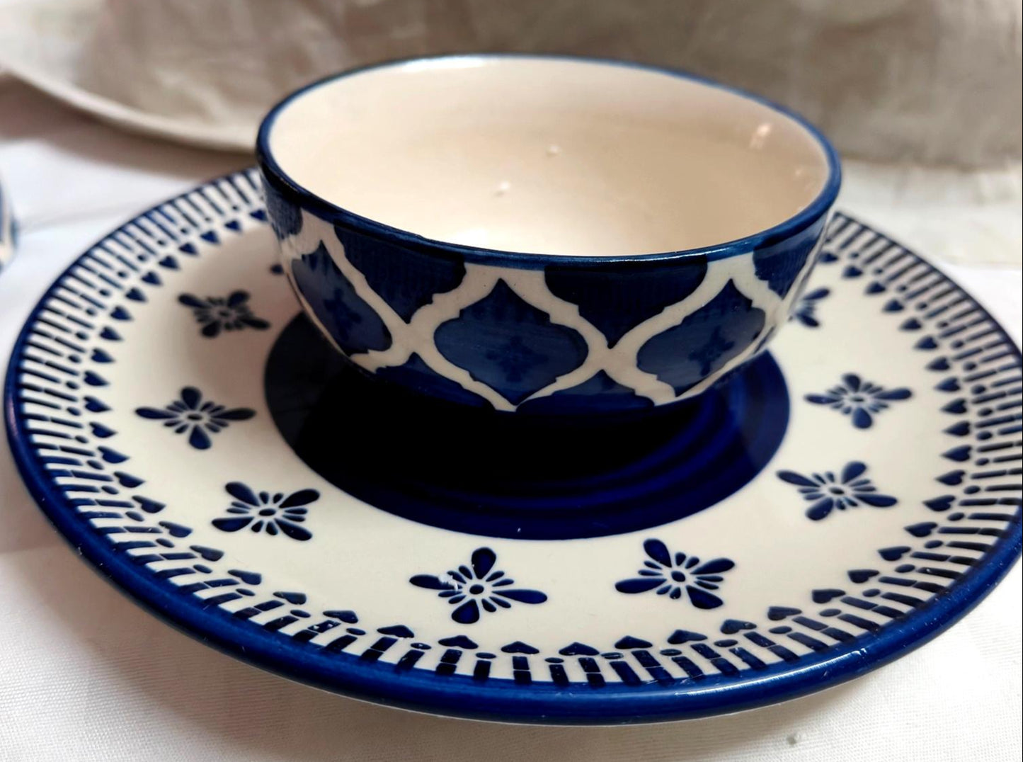 Blue & White Handcrafted Ceramic Plate & Bowl Set – 1 or 2 Servings