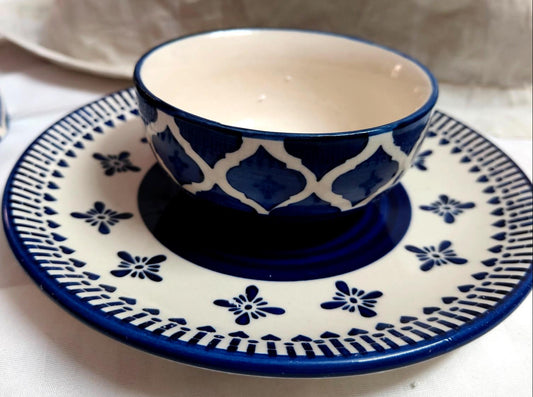 Blue & White Handcrafted Ceramic Plate & Bowl Set – 1 or 2 Servings