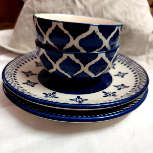 Blue & White Handcrafted Ceramic Plate & Bowl Set – 1 or 2 Servings