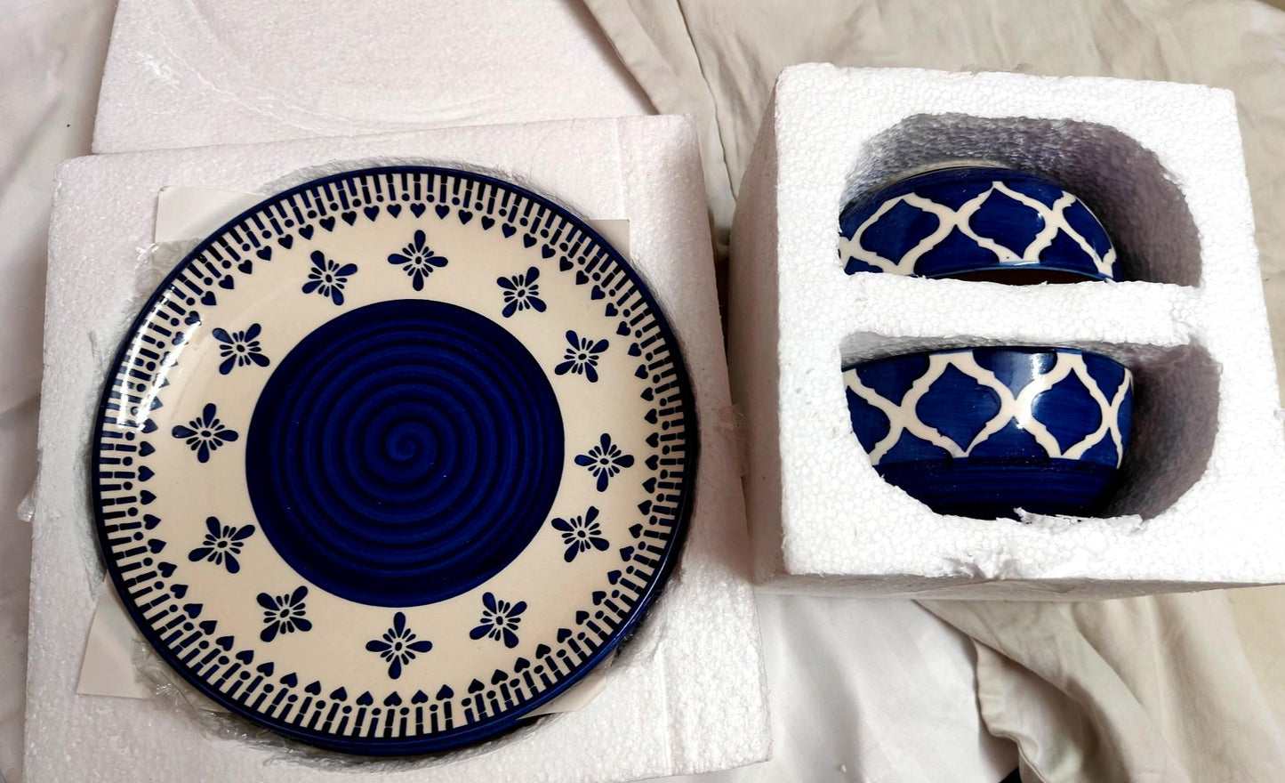 Blue & White Handcrafted Ceramic Plate & Bowl Set – 1 or 2 Servings