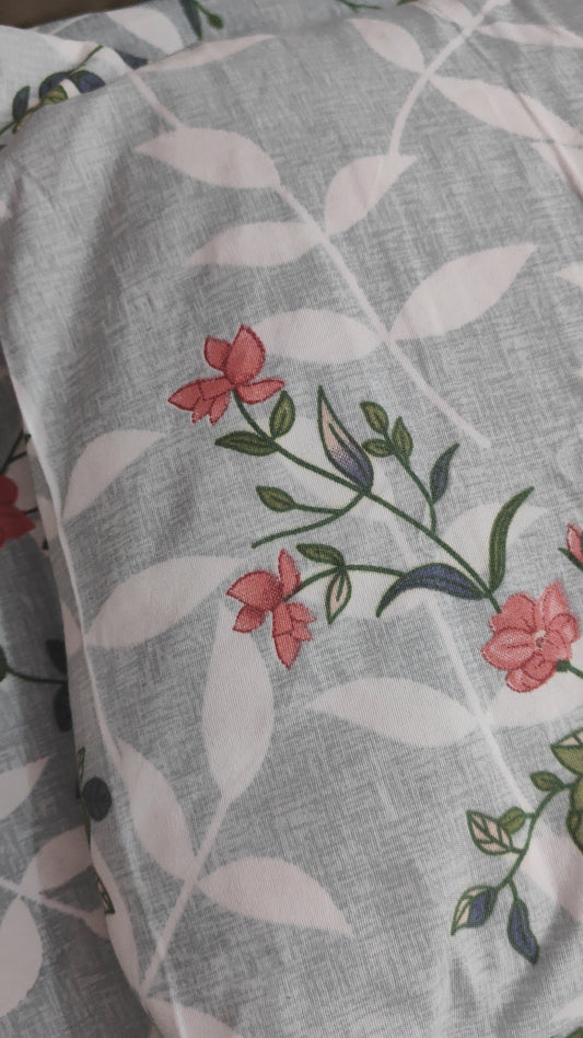 Elegant Floral Bedsheet Set – Blue with White & Red-Orange Floral Print